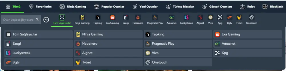 Casino sağlayıcı logoları, Pragmatic Play ve Evolution Gaming logoları öne çıkarılmış