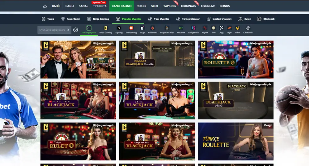 Canlı casino masaları görünümü, Rulet ve Blackjack masaları ön planda