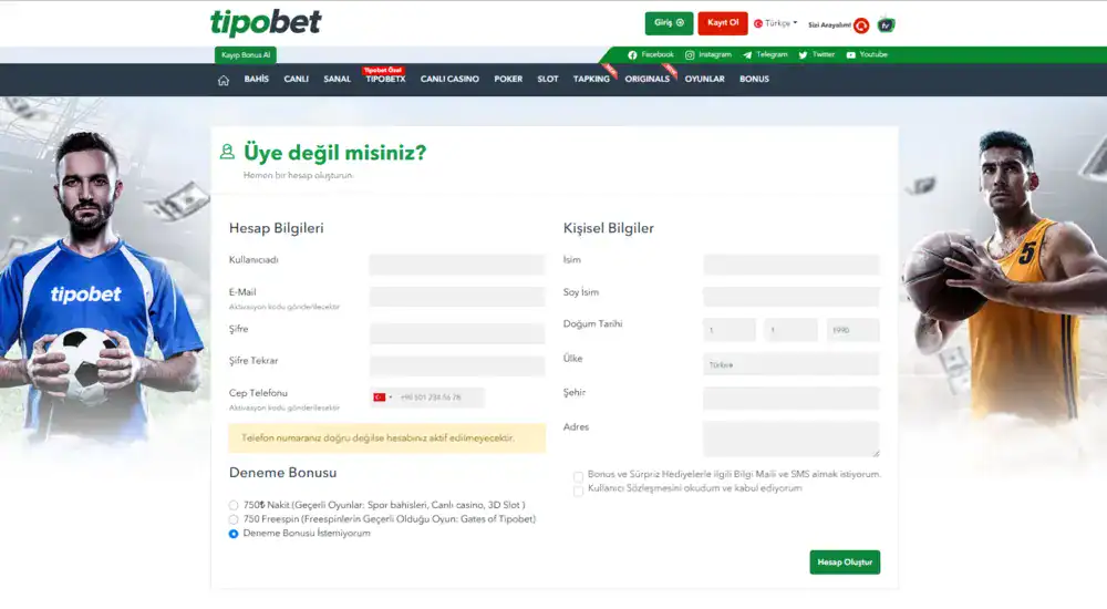tipobet kayıt formu