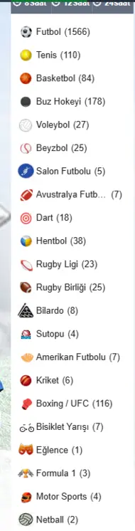 Tüm spor kategorileri ve canlı etkinlik sayıları