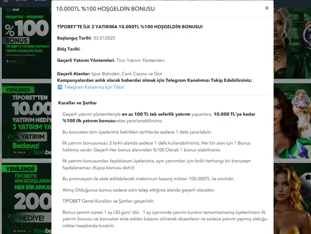 Hoşgeldin bonusu detayları